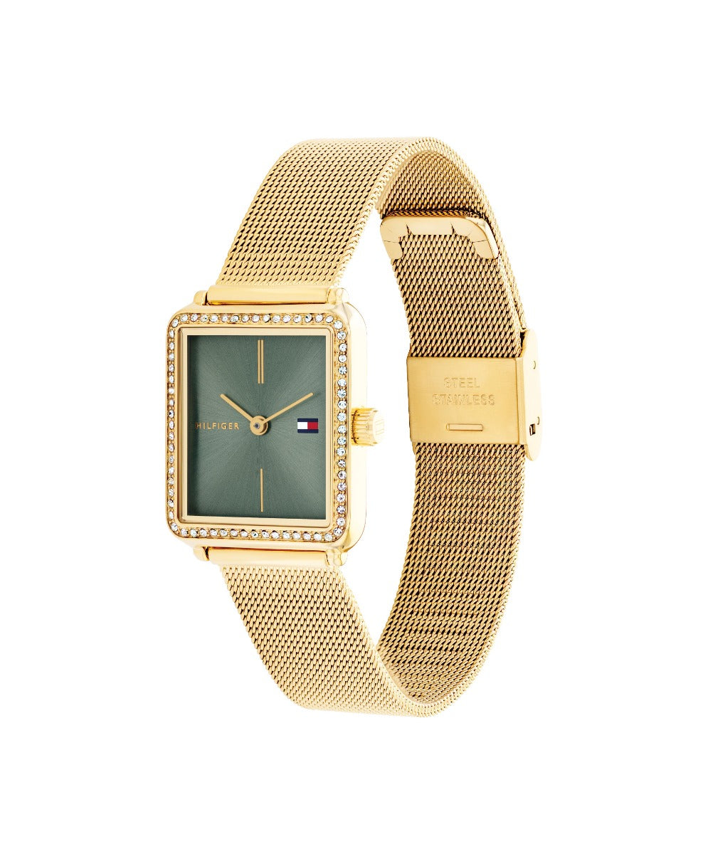 Tommy Hilfiger Tea Tank Ladies Watch with Green Dial and Gold Strap 1782791