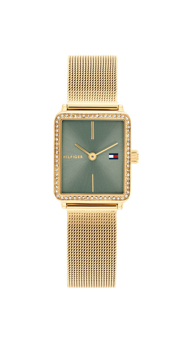Tommy Hilfiger Tea Tank Ladies Watch with Green Dial and Gold Strap 1782791
