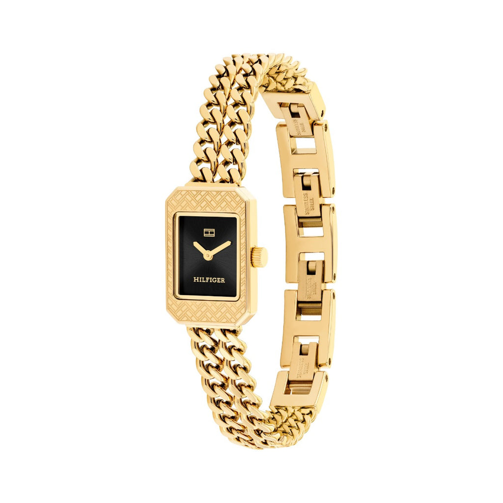 Gwylio Merched Tommy Hilfiger Sarah gyda Deial Du a Strap Aur 1782842