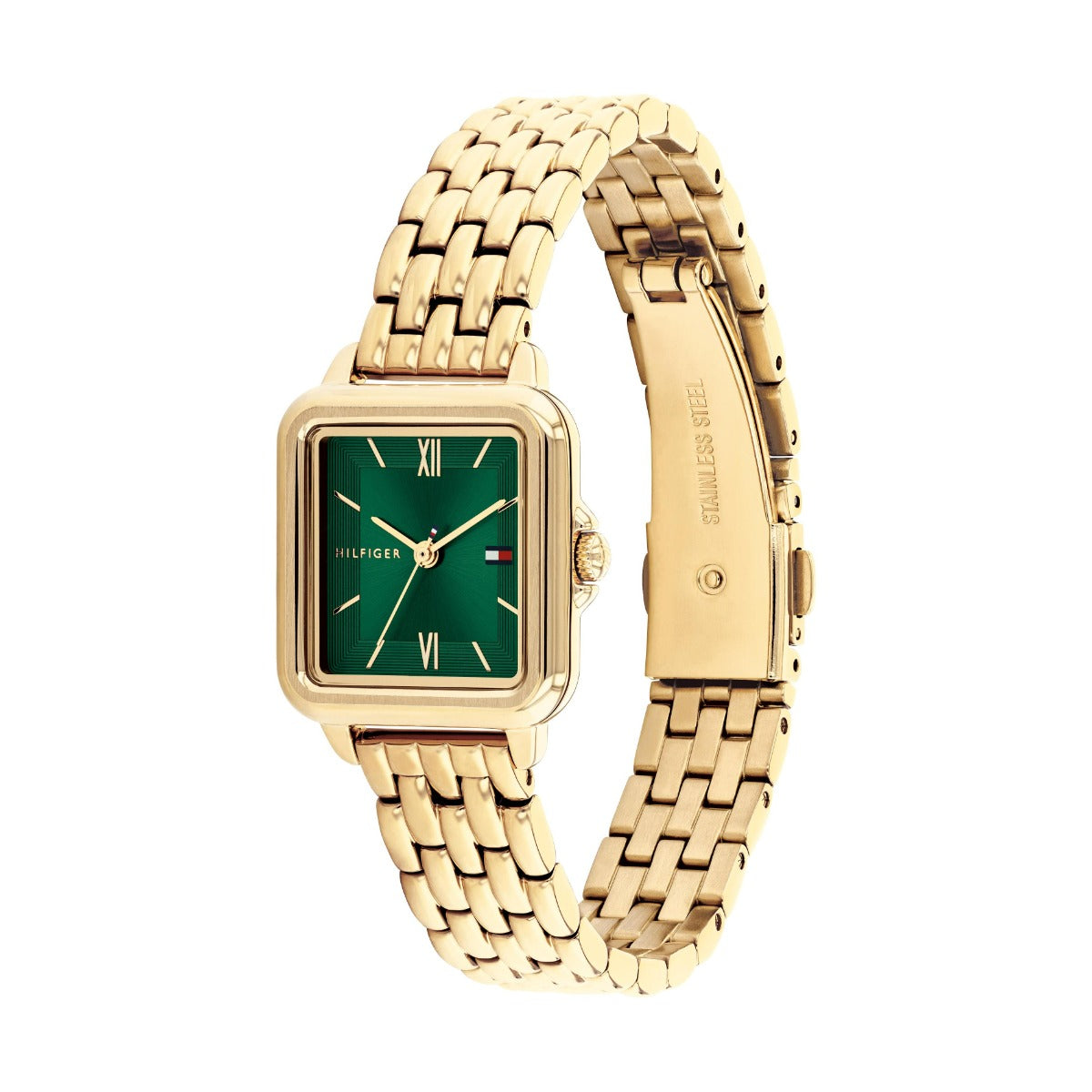 Tommy Hilfiger Mia Gwylio Merched gyda Deial Gwyrdd a Strap Aur 1782858