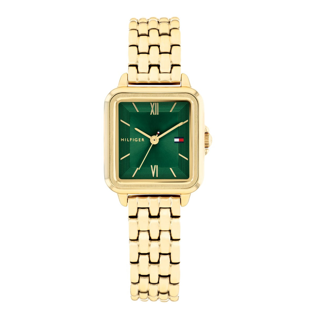 Tommy Hilfiger Mia Gwylio Merched gyda Deial Gwyrdd a Strap Aur 1782858