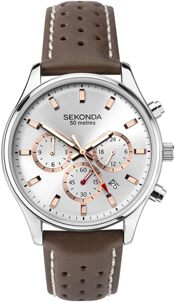 Sekonda Mens Watch with Silver Dial and Brown Leather Strap 1784