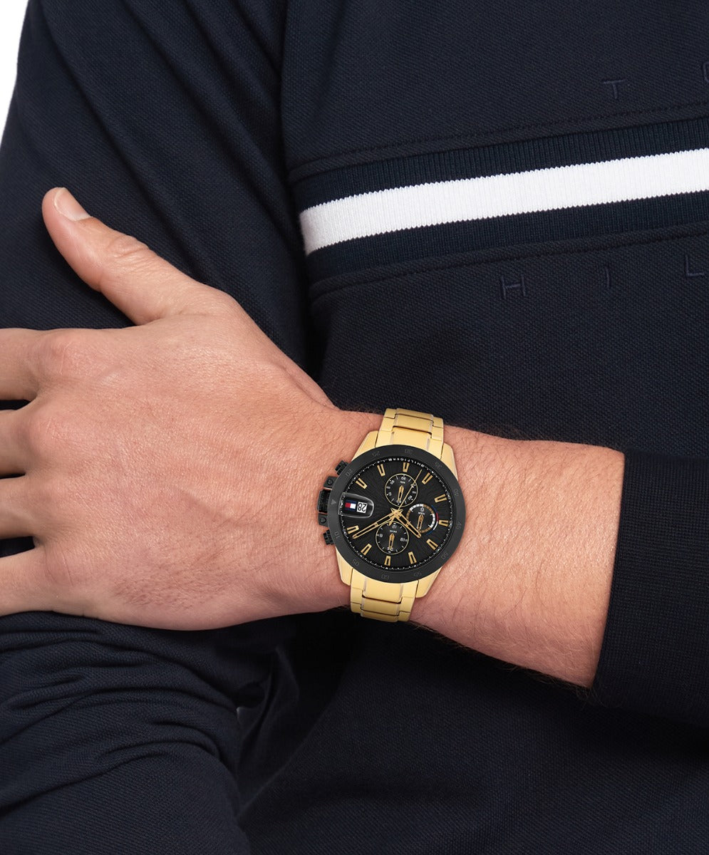 Ffash Gwrywaidd Tommy Hilfiger Jameson gyda Deial Du a Strap Aur 1792199