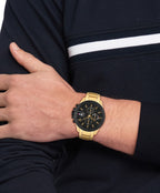 Ffash Gwrywaidd Tommy Hilfiger Jameson gyda Deial Du a Strap Aur 1792199