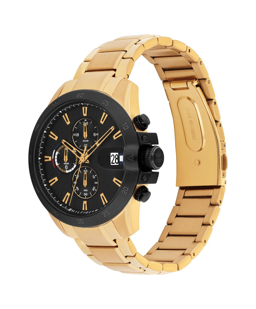 Ffash Gwrywaidd Tommy Hilfiger Jameson gyda Deial Du a Strap Aur 1792199