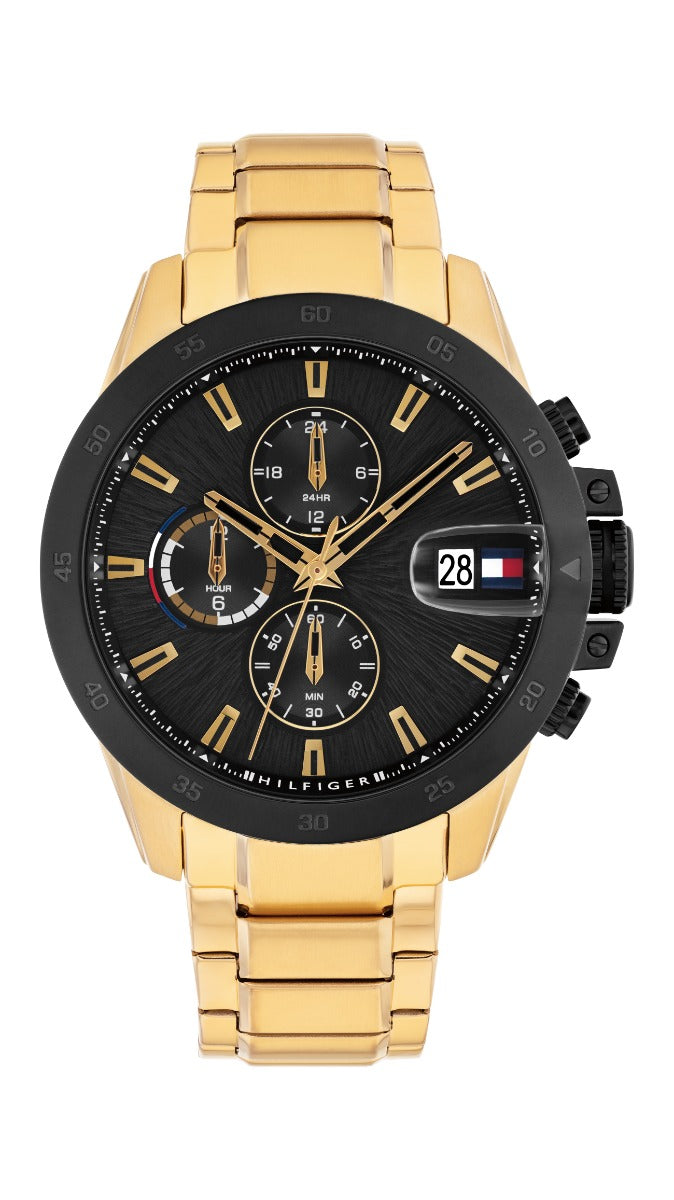 Ffash Gwrywaidd Tommy Hilfiger Jameson gyda Deial Du a Strap Aur 1792199