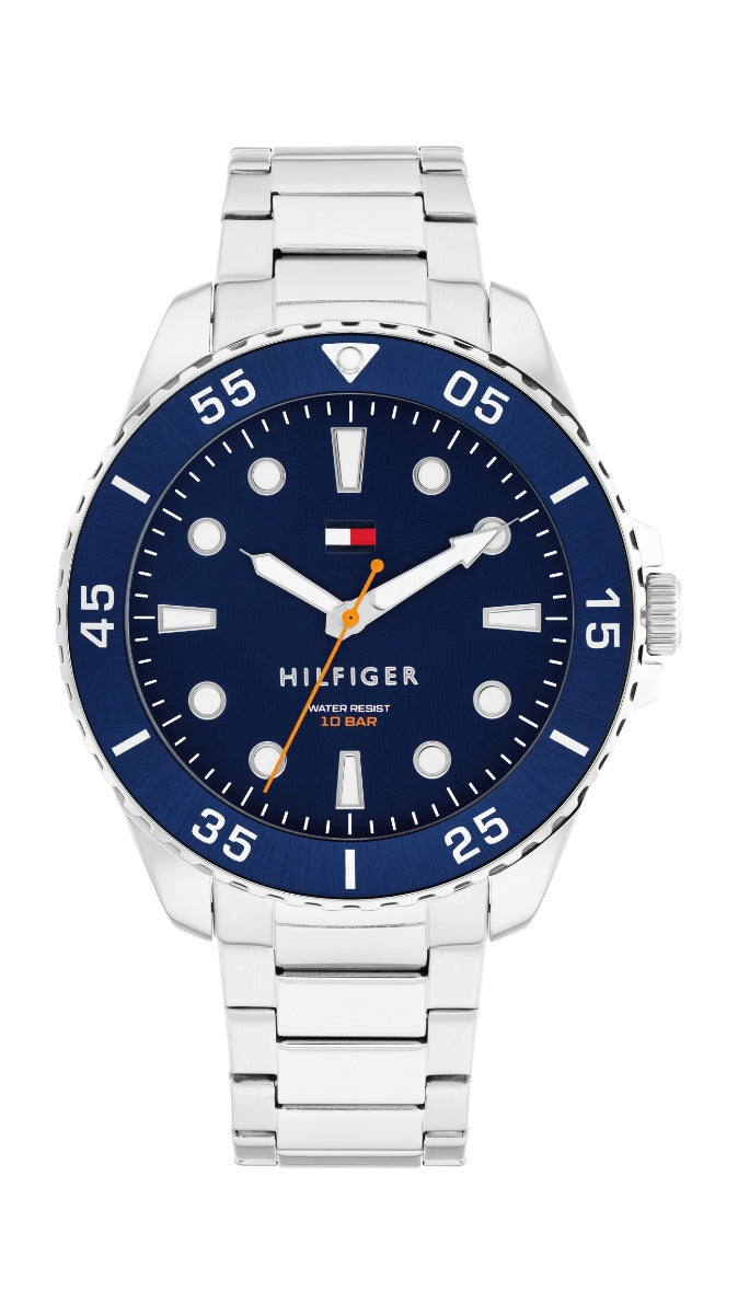 Gwylio Dynion Tommy Hilfiger Oceanic gydag Wyneb Glas a Strap Arian 1792202