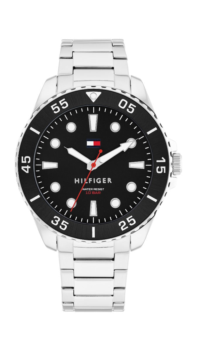 Gwylio Tommy Hilfiger Oceanic i Ddynion gyda Deial Du a Strap Arian 1792203