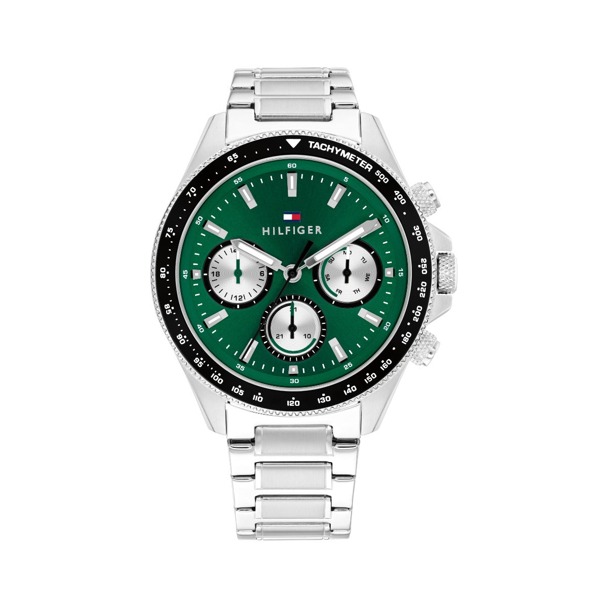 Gwylio Dynion Tommy Hilfiger Clark gyda Deial Gwyrdd a Strap Arian 1792211
