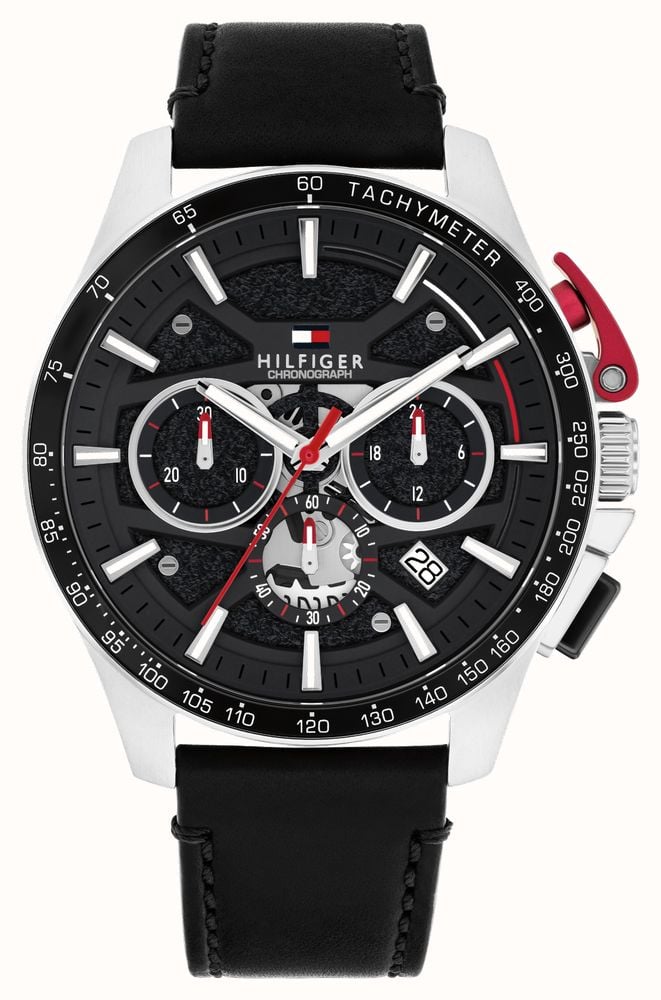 Cloc Mewn Tommy Hilfiger Bank i Ddynion gyda Deial Du a Strap Ddu 1792258