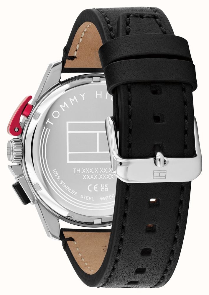 Cloc Mewn Tommy Hilfiger Bank i Ddynion gyda Deial Du a Strap Ddu 1792258