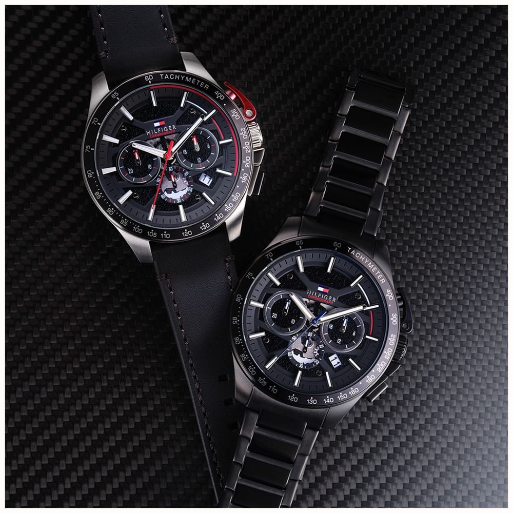 Cloc Mewn Tommy Hilfiger Bank i Ddynion gyda Deial Du a Strap Ddu 1792258