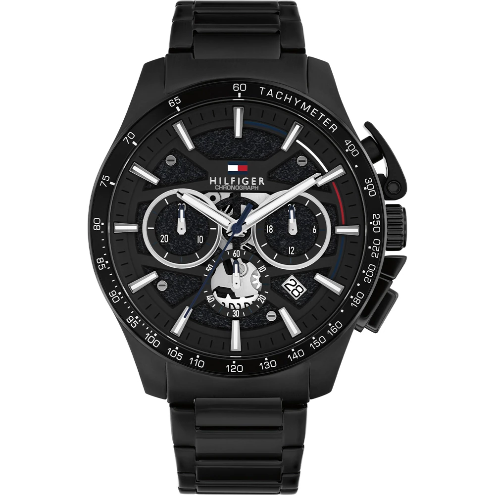 Tommy Hilfiger Bank Gwylio i Ddynion gyda Deial Du a Strap Ddu 1792262