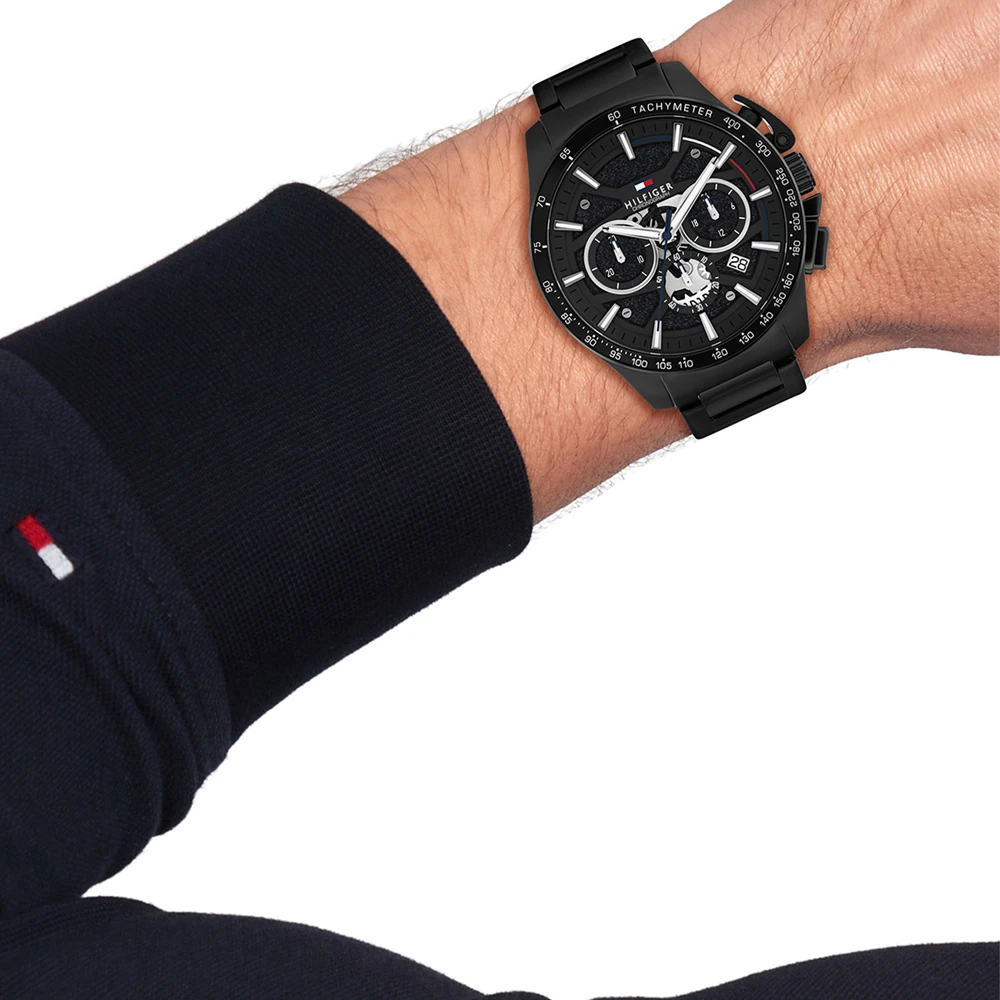 Tommy Hilfiger Bank Gwylio i Ddynion gyda Deial Du a Strap Ddu 1792262