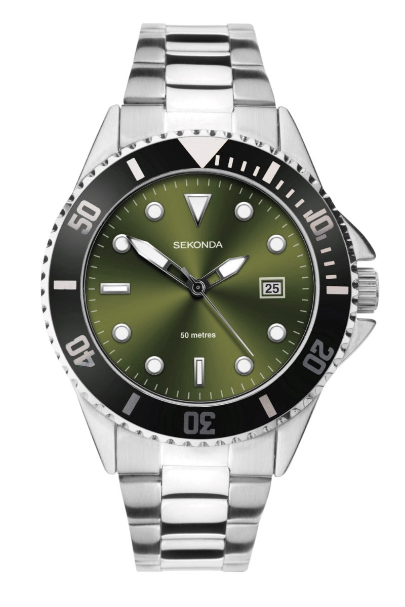 Sekonda Men's Sports Watch with Khaki Dial and Stainless Steel Bracelet 1925