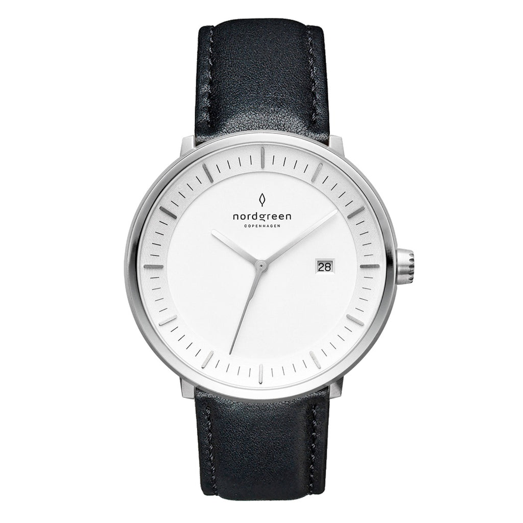 Nordgreen Philosopher Scandinavian Silver Men's Watch with Black Leather Strap