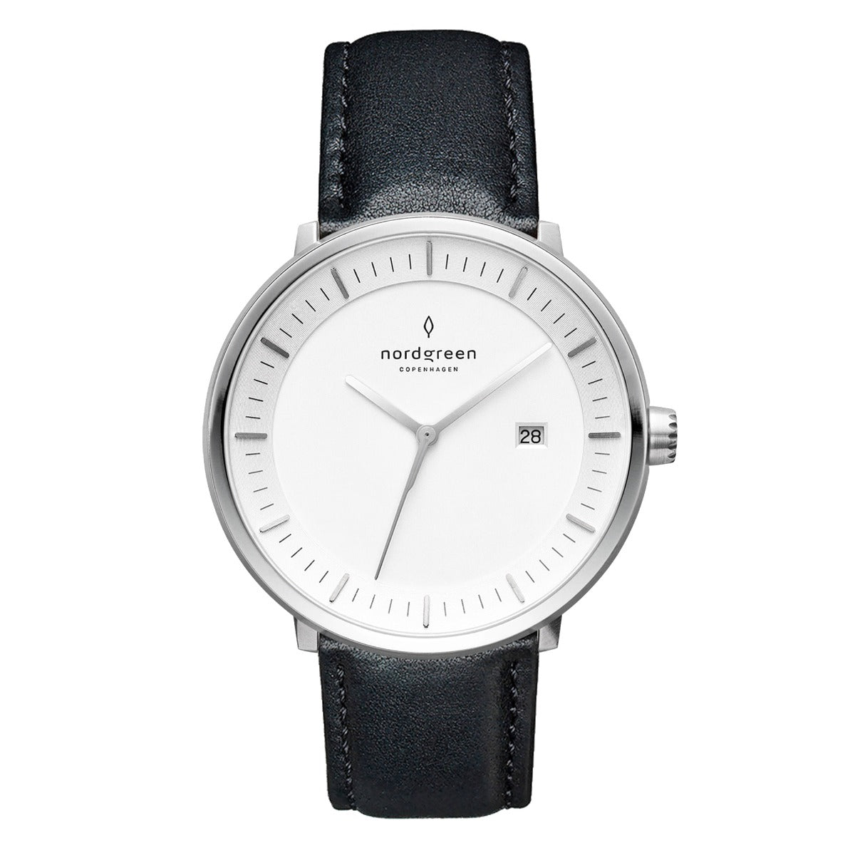 Nordgreen Philosopher Scandinavian Silver Men's Watch with Black Leather Strap
