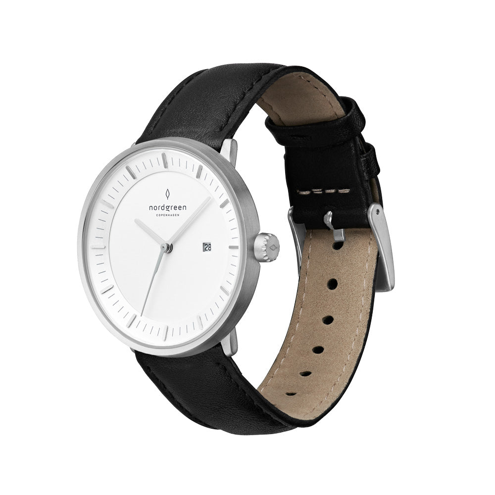 Nordgreen Philosopher Scandinavian Silver Men's Watch with Black Leather Strap