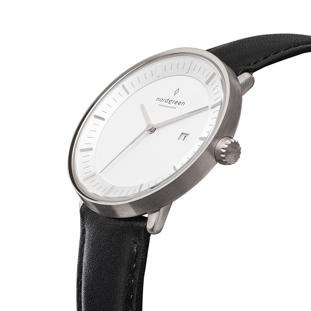 Nordgreen Philosopher Scandinavian Silver Men's Watch with Black Leather Strap