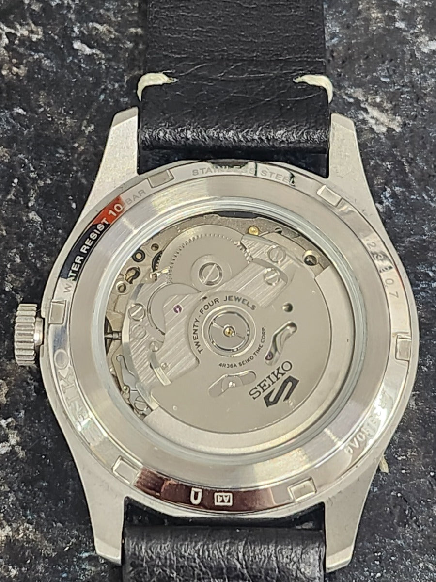 Seiko 5 Sports Gents Automatic Watch with Blue Dial and Black Leather Strap SRPG39K1