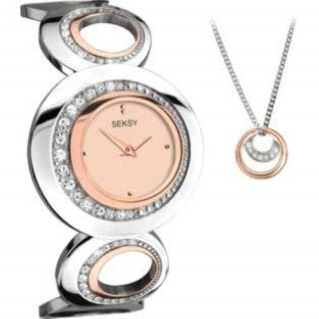 Seksy By Sekonda Ladies Gift Set with Rose Gold Dial and Silver Stainless Bracelet Watch & Matching Pendant 2124G
