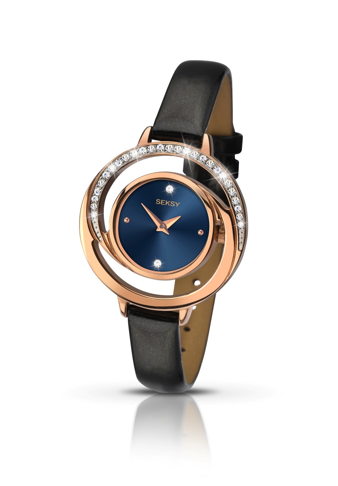 Seksy By Sekonda Ladies Stone Set Watch Blue and Rose Gold Face, Black Strap 2142
