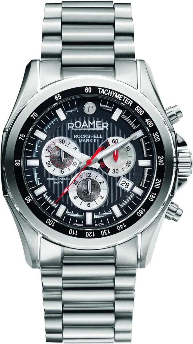 Roamer Rockshell Mens Chronograph Watch with Black Dial and Silver Bracelet 220837 41 55 20