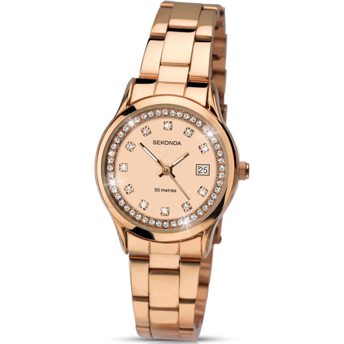 Gwylio Merched Sekonda 2304 gyda Deial Aur Rosyn a Strap Dur Di-staen Aur Rosyn