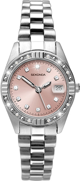 Sekonda Ladies Watch 2308 with Pink Sunray Dial and Silver Stainless Steel Bracelet