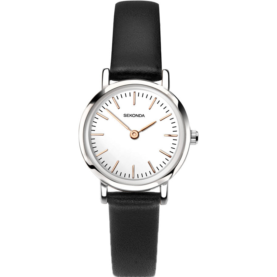 Gwylio Merched Sekonda gyda Deial Gwyn a Strap Ddu 2346