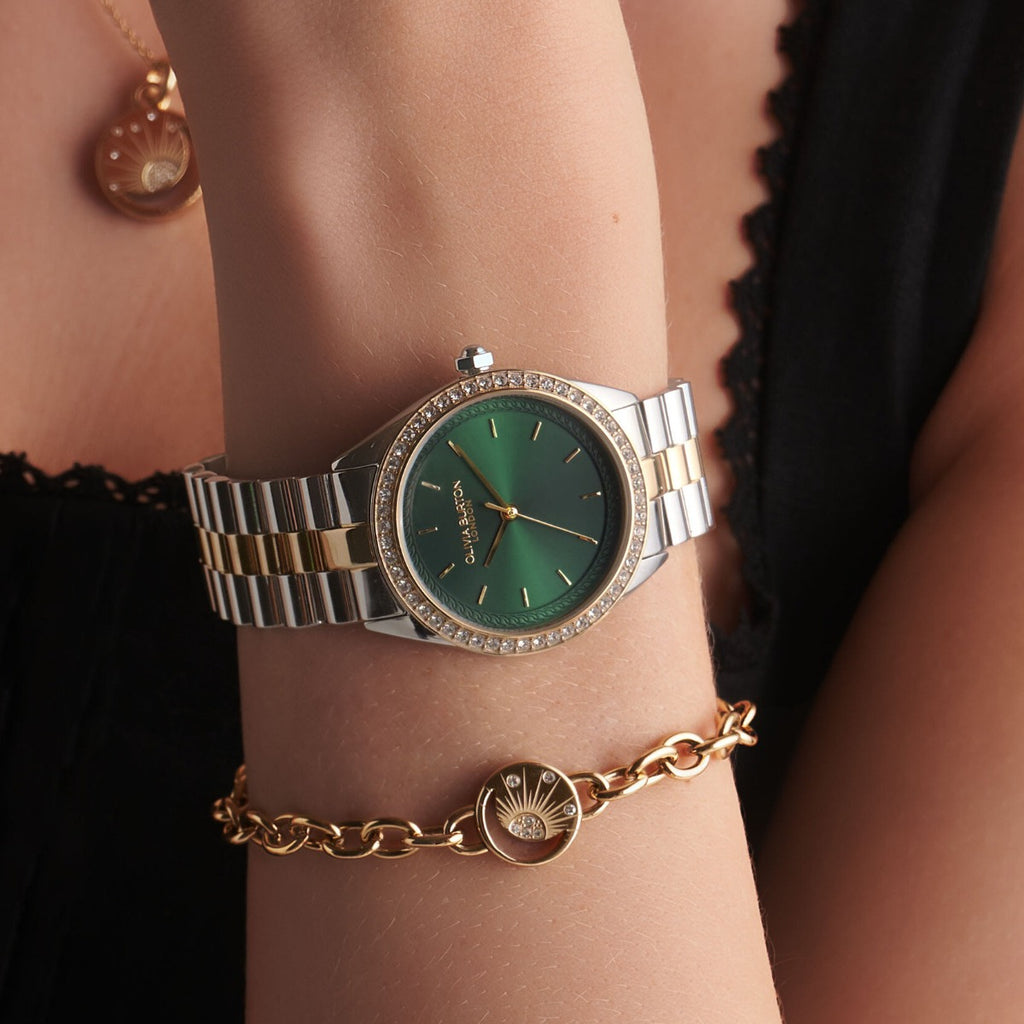 Olivia Burton Bejewelled Ladies Watch with Green Dial and Two Tone Bracelet 24000137
