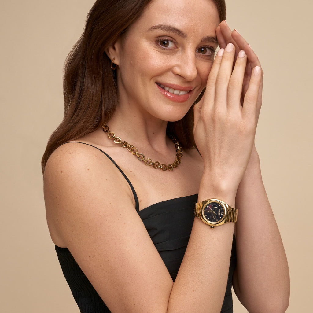 Olivia Burton Lustre Ladies Watch with Black Mother of Pearl Dial and Gold Bracelet 24000150