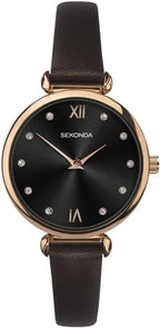 Gwylio Menywod Sekonda gydag Wyneb Du a Strap Lledr Brown Tywyll 2785