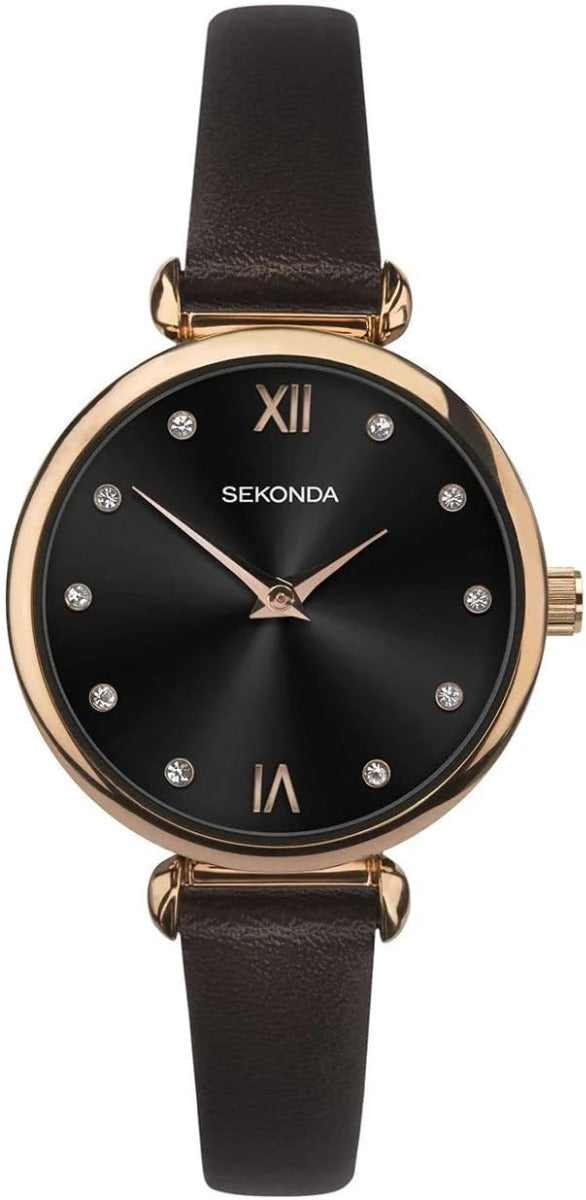 Gwylio Menywod Sekonda gydag Wyneb Du a Strap Lledr Brown Tywyll 2785