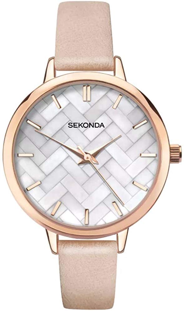 Gwylio Merched Sekonda Editions gydag Wyneb Mam-Berl a Strap Lledr Pinc 2826