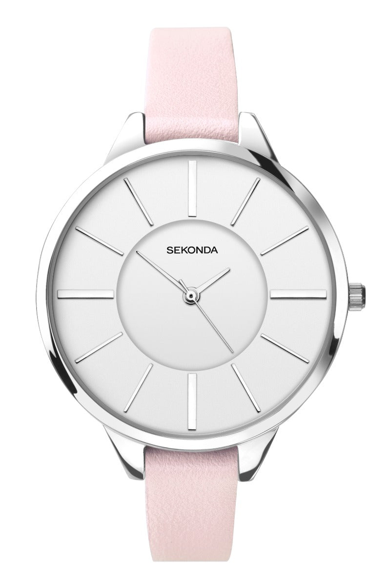 Gwylio Merched Sekonda Editions gyda Deial Gwyn a Strap Lledr Pinc Babi 2977