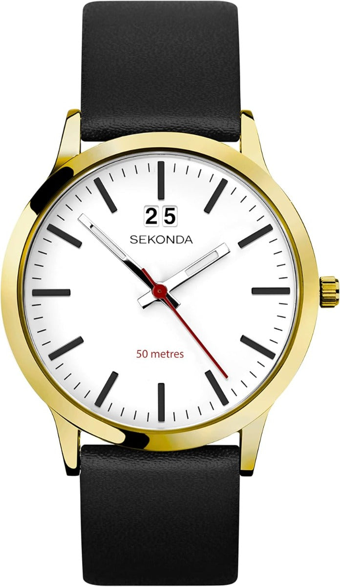 Gwylio Dynion Sekonda Nordic gydag Wyneb Gwyn a Strap Lledr Du 30070