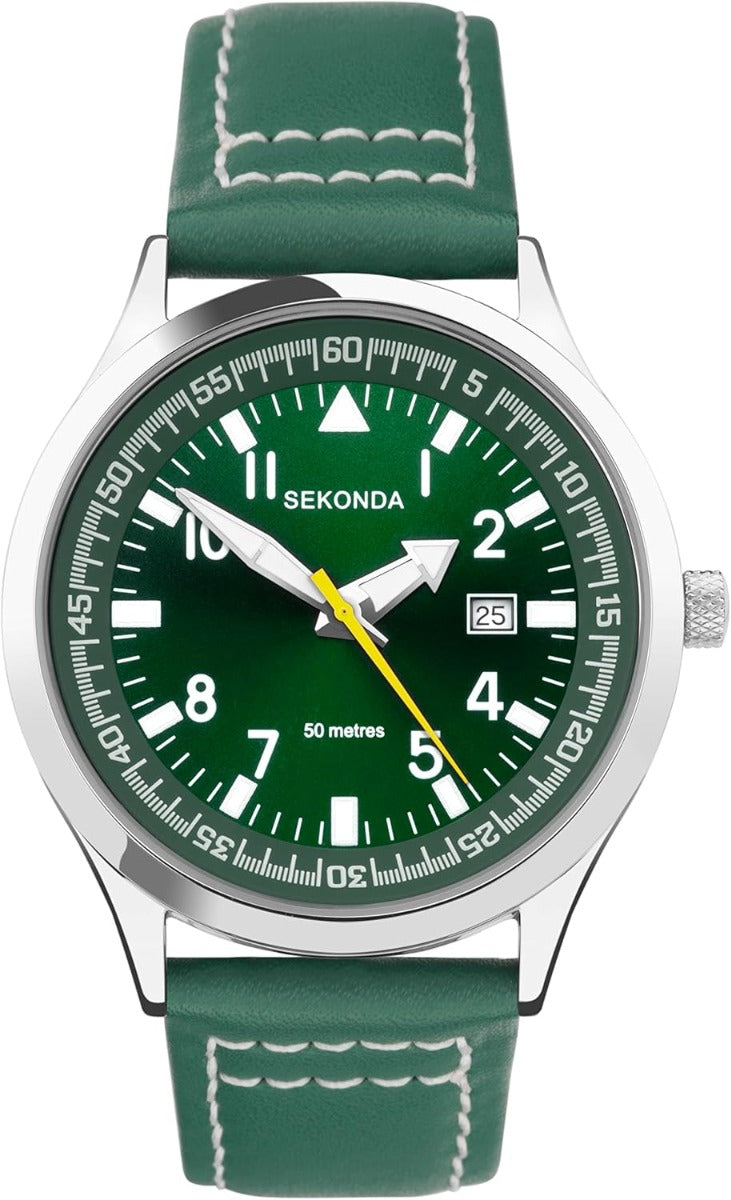 Gwylio Dynion Sekonda gyda Deial Werdd a Strap Lledr Gwyrdd 30104