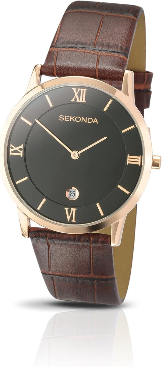 Sekonda Mens Watch with Black Dial and Brown Leather Strap 3207