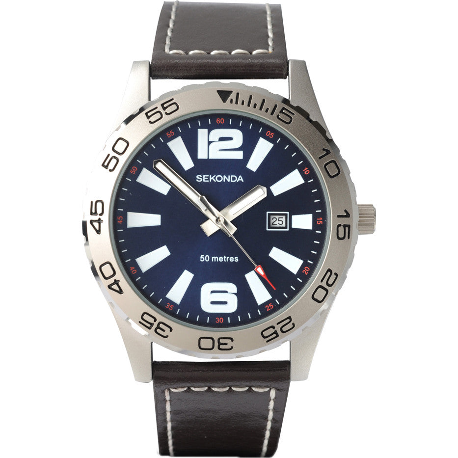 Sekonda Men's Watch with Blue Dial and Brown Leather Strap 3252