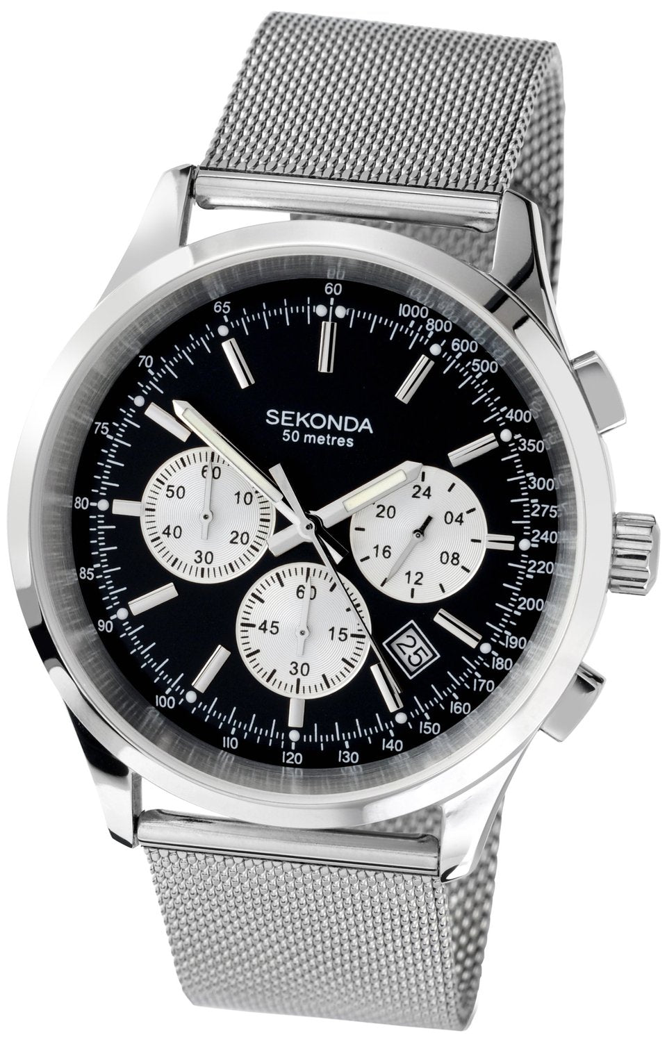 Sekonda Men's Quartz Watch with Black Dial Chronograph Display and Silver Stainless Steel Bracelet 3415.27