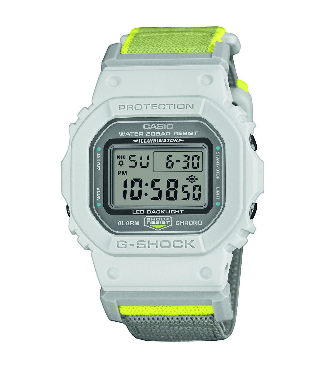 Casio G-Shock Mens Digital Watch with White Dial and Yellow FIDLOCK Strap DW-5600MNC-7A8ER