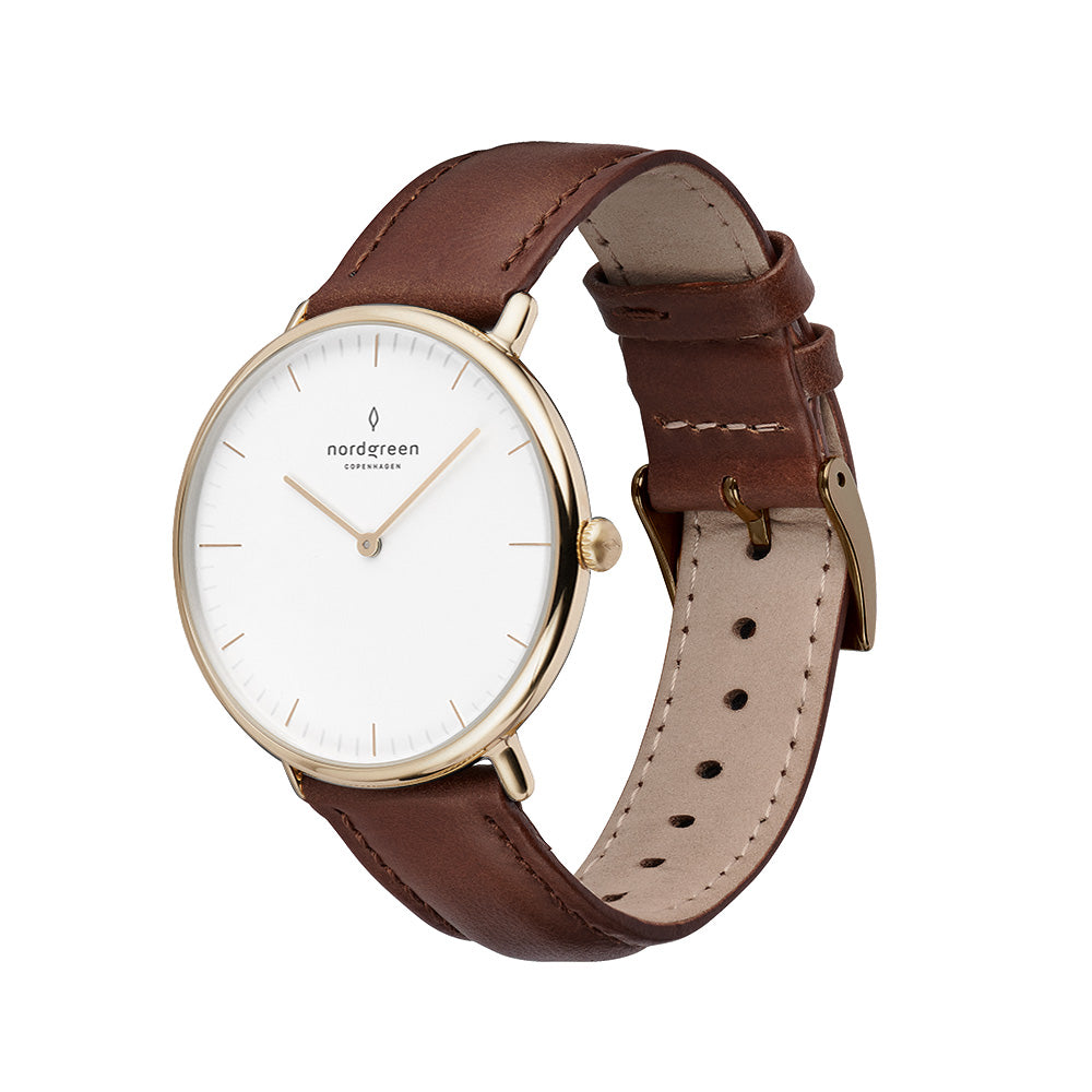 Nordgreen Native Scandinavian Gold Unisex Watch with Brown Leather Strap