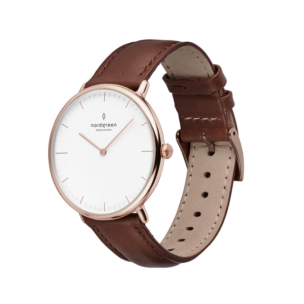 Nordgreen Native Bundle Scandinavian Rose Gold Ladies Watch with Rose Mesh & Brown Leather Straps