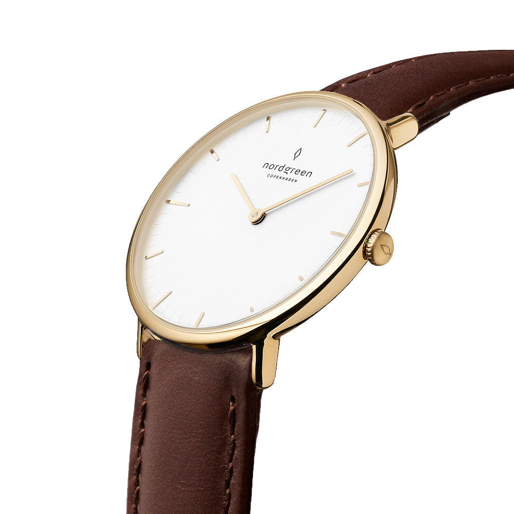 Nordgreen Native Scandinavian Gold Unisex Watch with Brown Leather Strap