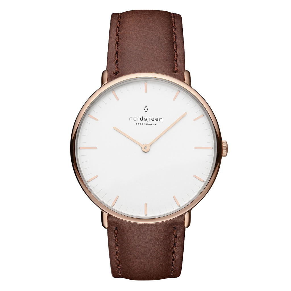 Nordgreen Native Bundle Scandinavian Rose Gold Ladies Watch with Rose Mesh & Brown Leather Straps