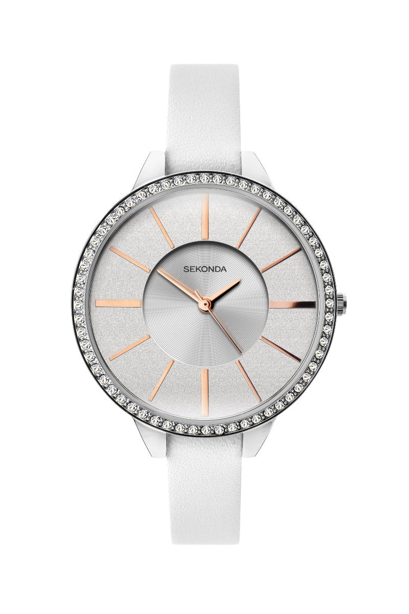 Sekonda Ladies Editions Watch with Silver Glitter Dial and White Strap 40003