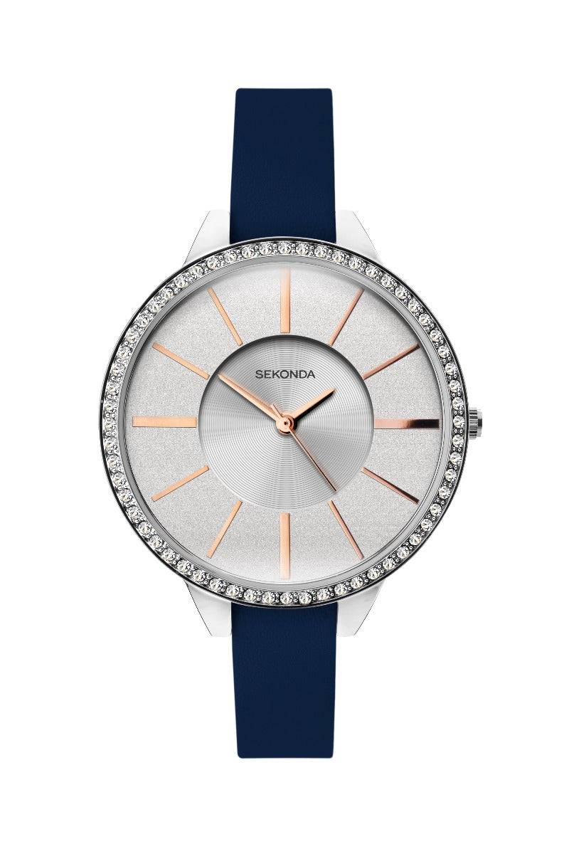 Cloc i Fenywod Sekonda Editions gyda Deial Glitter Arian a Strap Glas 40005