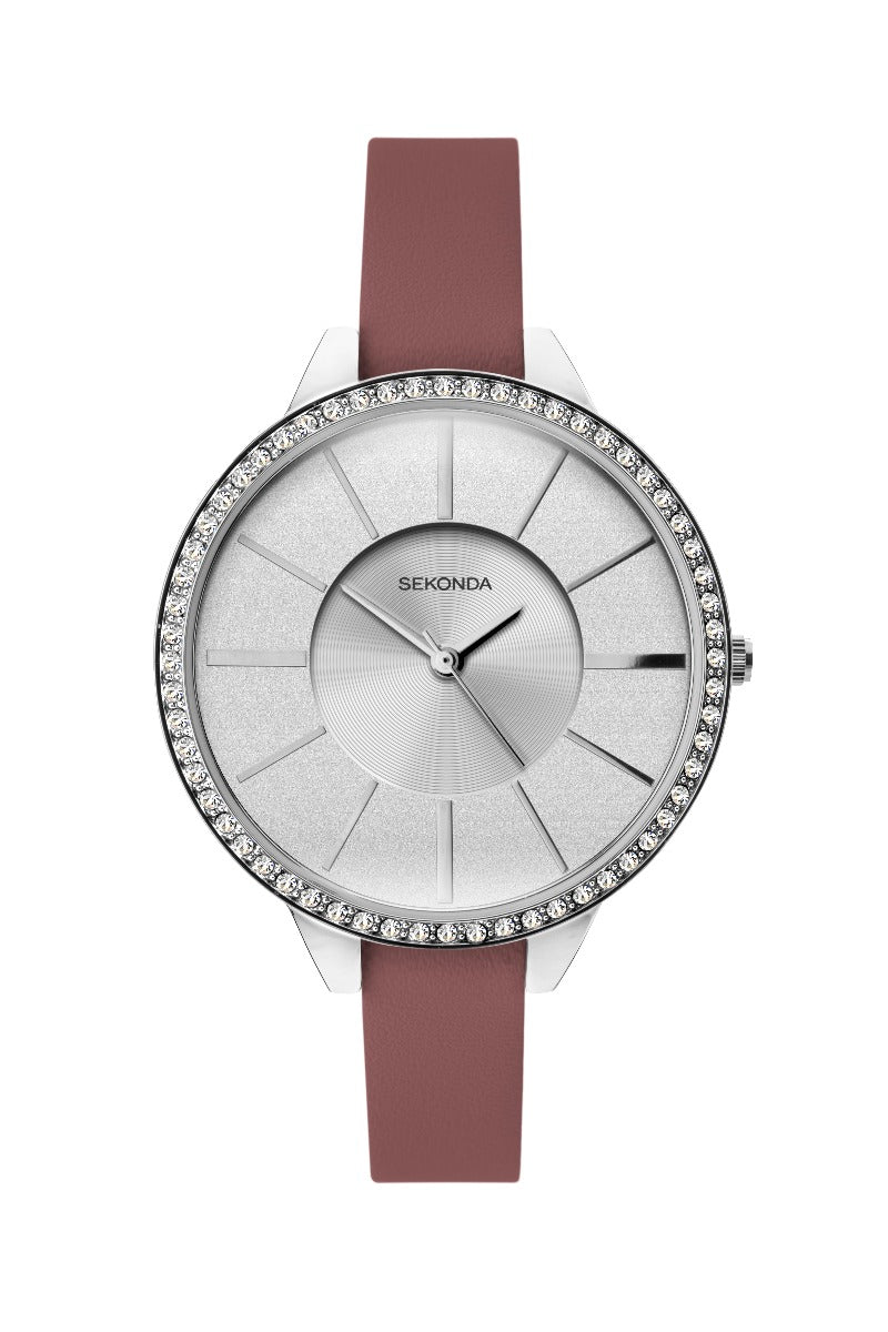 Gwylio Sekonda Argraffiadau Merched gyda Deial Glitro Arian a Strap Pinc 40006
