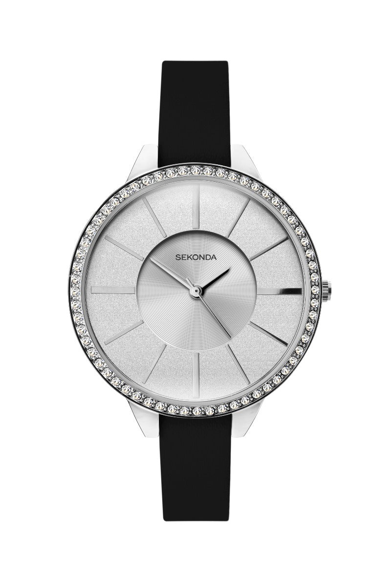 Gwylio Menywod Sekonda Editions gydag Wyneb Glitter Arian a Strap Gwyrdd Tywyll 40008
